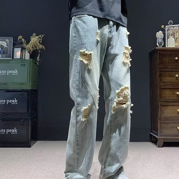 American high street slightly flared jeans for men's summer, a thin and trendy brand, straight-leg, distinctive, ripped vibe pants, 2024 new style Item Picture