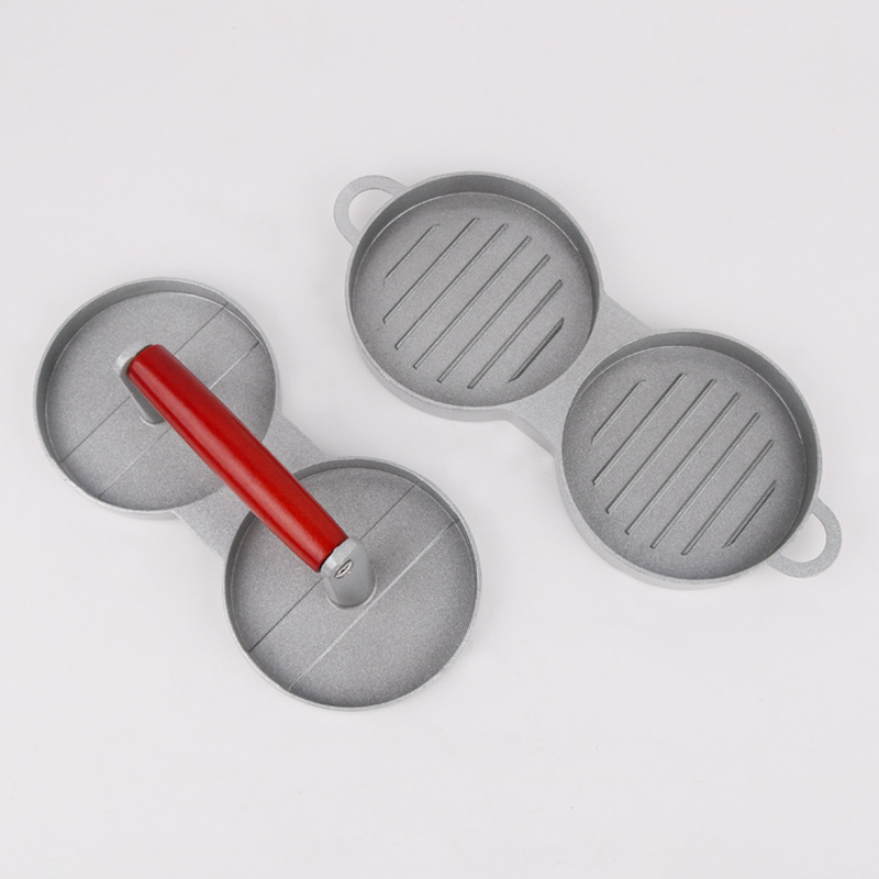 Strength manufacturers aluminum alloy hamburger press double lattice non-stick coated wood handle Hamburger meat press mold creative tools details Picture