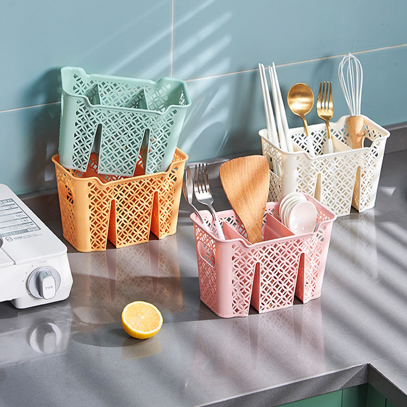 In-stock chopstick cage, household countertop, water-draining plastic double-compartment, kitchen chopstick holder, no need for drilling, tableware storage Specification image