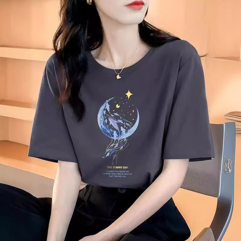 Loose pure cotton short-sleeved T-shirt for women's summer, a new and beautiful top with a design sense and printed half-sleeved shirt for women with a round neck in summer