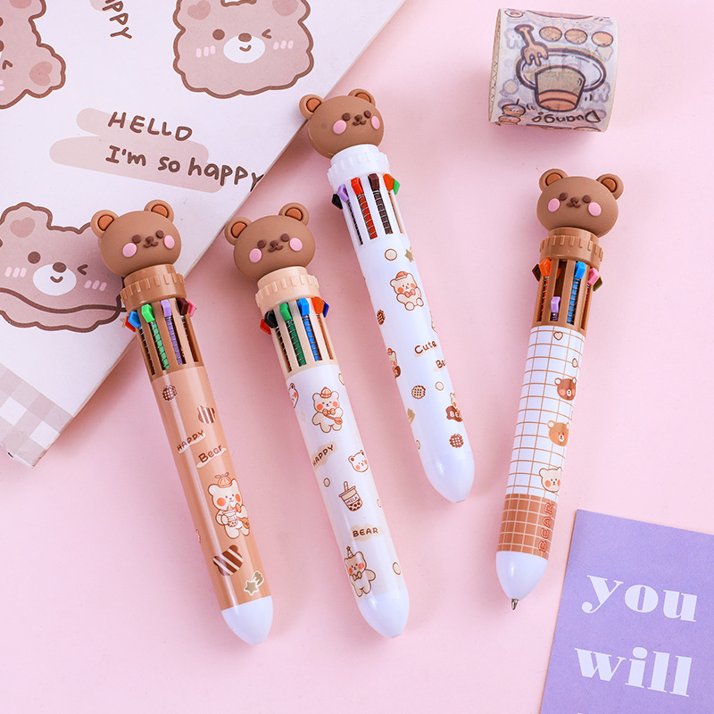 Cartoon Bear Ten Color Ballpoint Pen Cute Press Hand Account Writing Pen Students Learn To Write Stationery Holiday Gifts details Picture