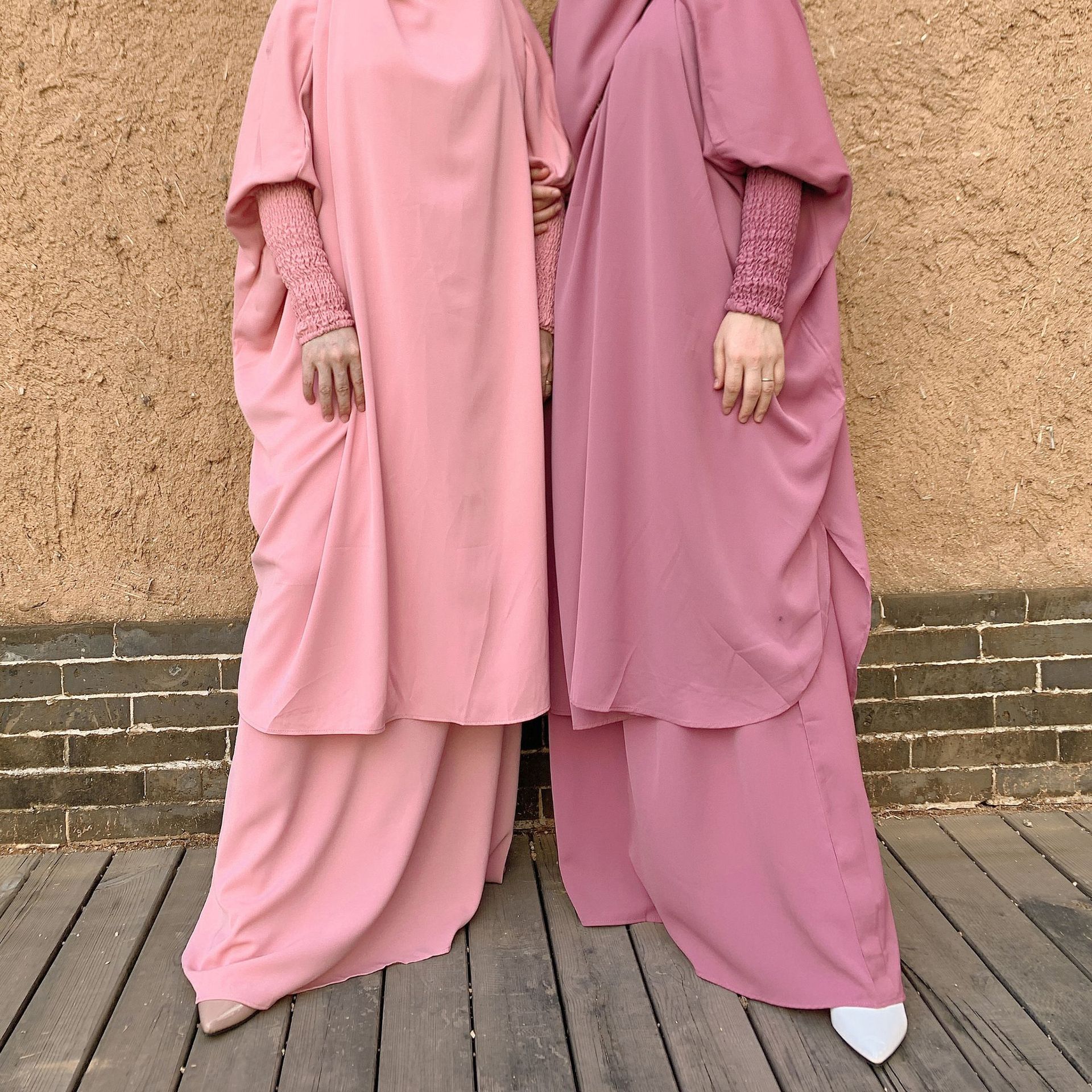 Abaya Amazon Cross-Border Muslim Women's Dress Two-Piece Middle East Turkey Solid Color Long Sleeve Big Swing Robe Specification drawing