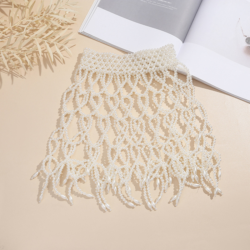 European and American cross-border light luxury retro hollowed-out body chain, hand-woven pearl shawl, teardrop tassel dress accessory details Picture