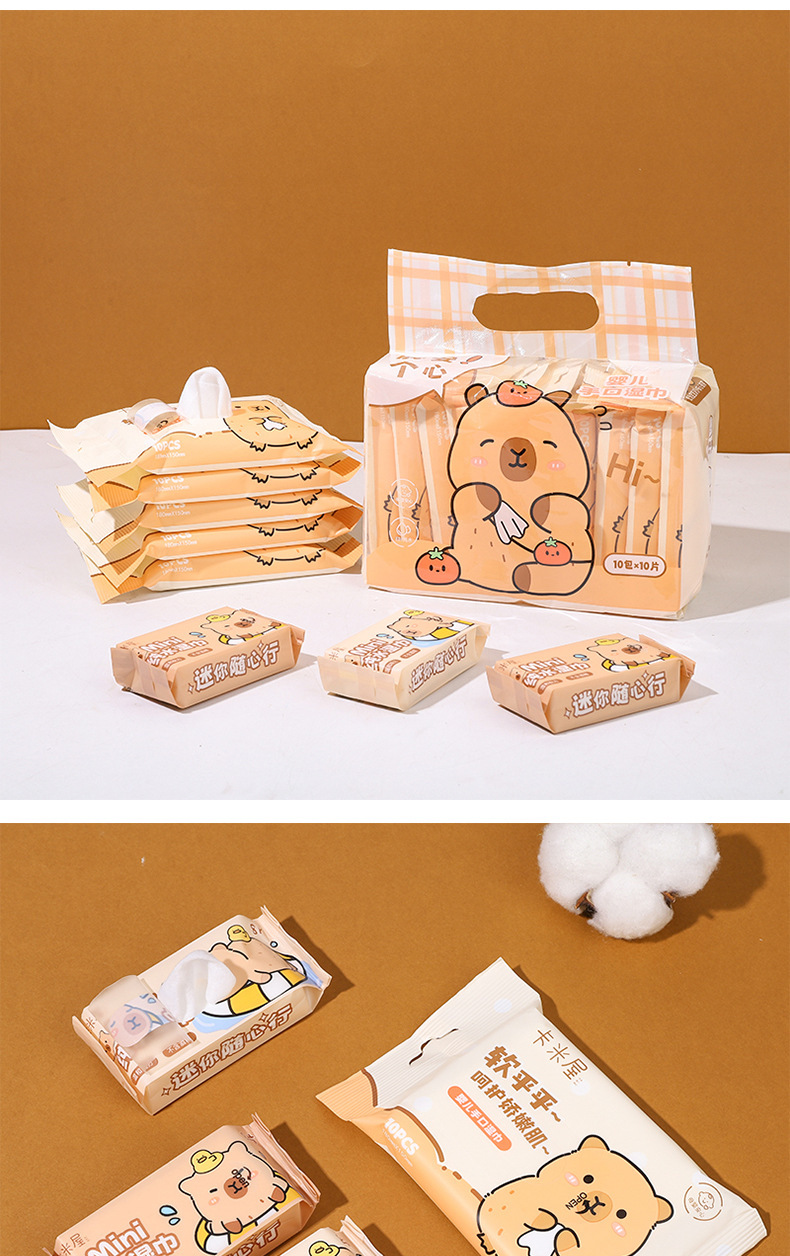 卡通水豚纯水湿巾迷你版便携清洁护理湿纸巾卡皮巴拉儿童家用湿巾详情25