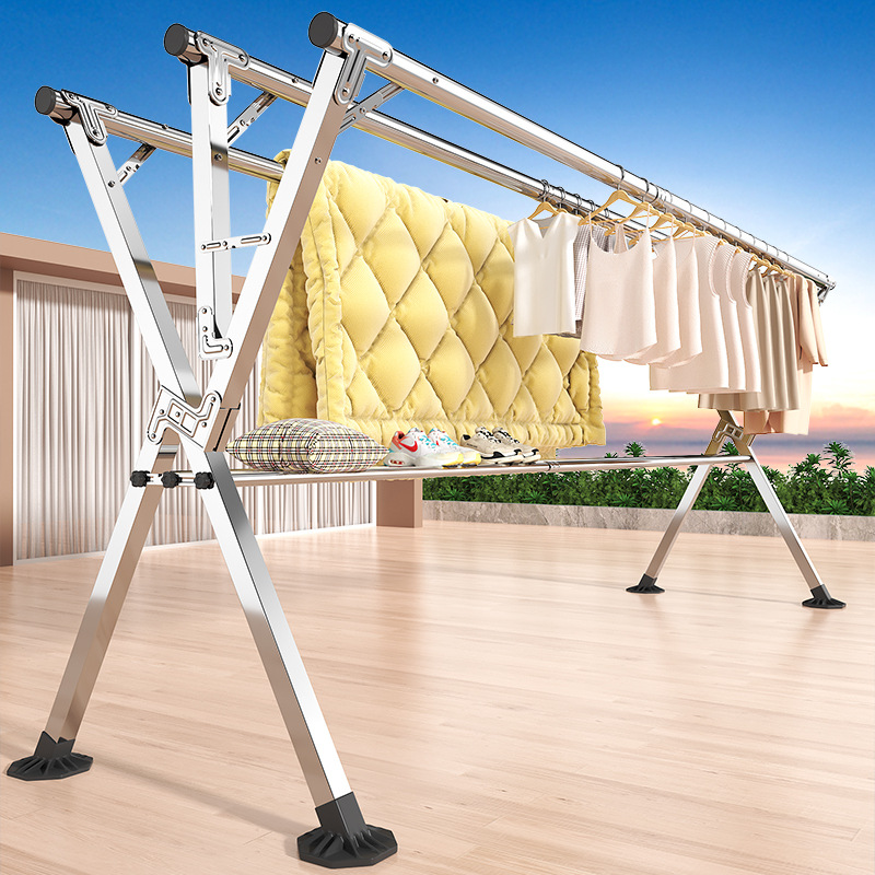 晾衣架落地折叠伸缩晒衣架免安装室内外阳台晒被子挂衣帽架晾衣杆