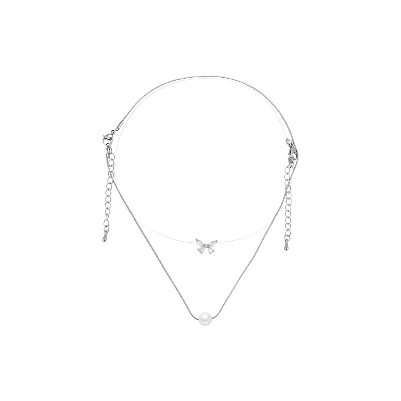 Double-layer butterfly pearl necklace for women, with a light luxury and niche design sense, exuding a high-end and ethereal charm. 2022 new style collarbone necklace Item Picture
