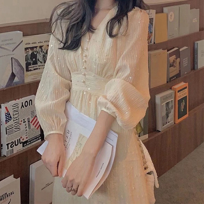 Spring and Autumn Women's Clothing's new French retro forest-themed chiffon dress, petite and slimming orange dress details Picture