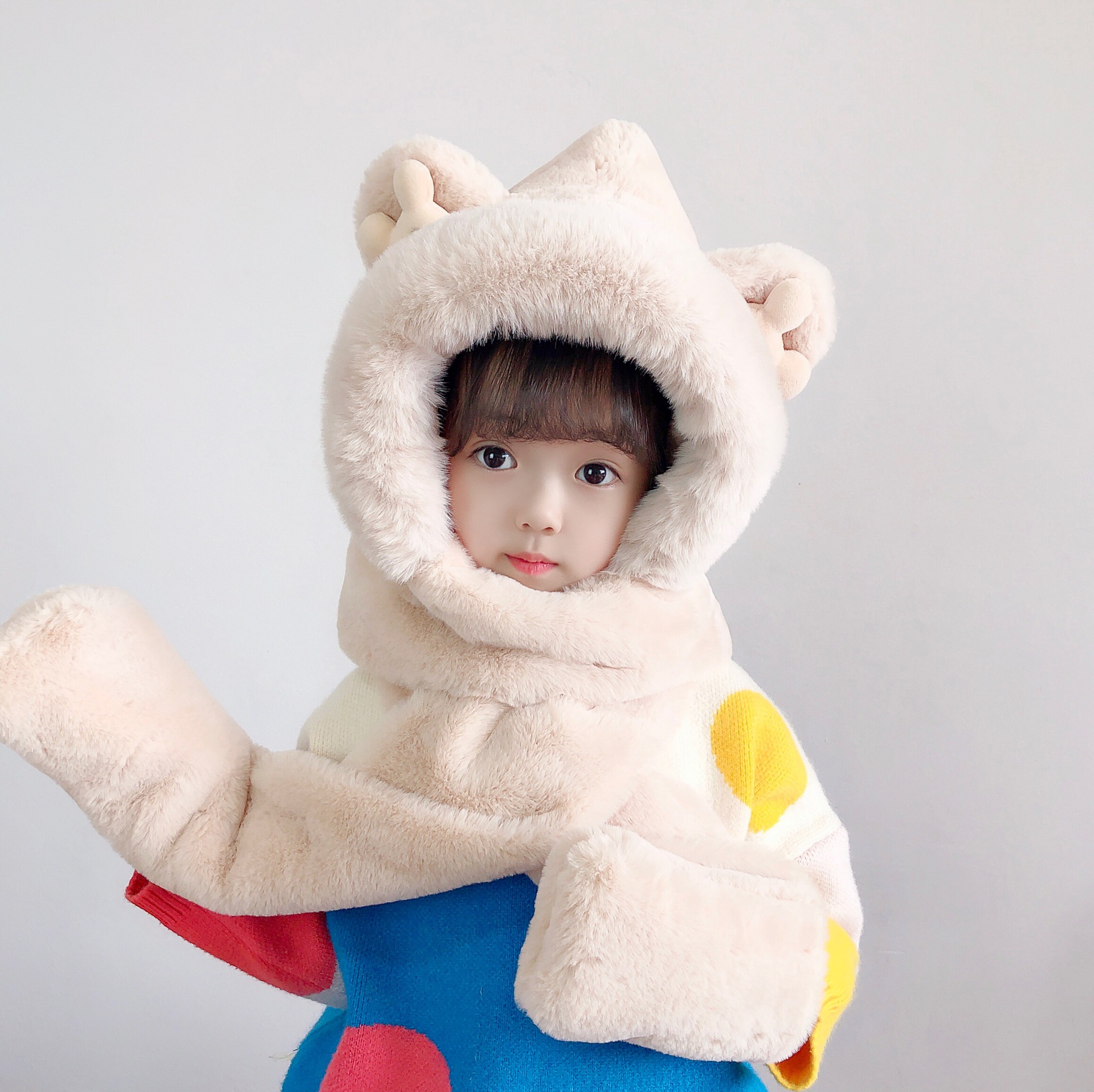 Autumn And Winter New Children's Plush Hat Gloves Scarf Three-Piece Set Of Children's Female Treasure Winter Cute Warm Neck Specification drawing