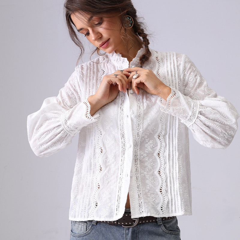 IRISERLY French-style high-end pure cotton embroidered shirts for women's spring and summer, long-sleeved shirts, lace cardigans for women's wear Specification image