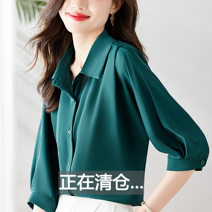 Acetate satin blouse, women's short-sleeved summer new three-quarter sleeve shirt, professional French style chiffon top for spring and autumn Application Scenario