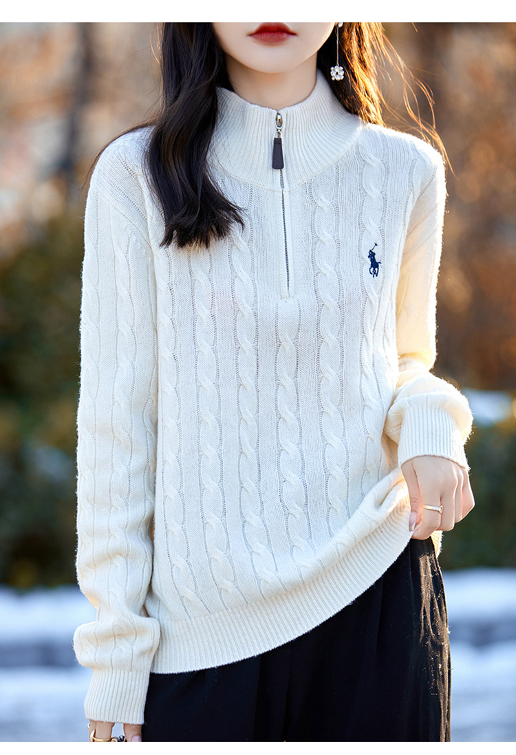 秋冬麻花针织衫女半开领拉链保罗慵懒宽松套头毛衣显瘦上衣打底衫详情23