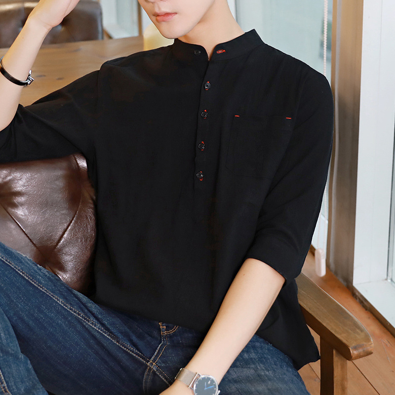 Men's summer Korean-style trendy, cool, casual and versatile linen top, seven-inch short-sleeved men's white shirt Application Scenario