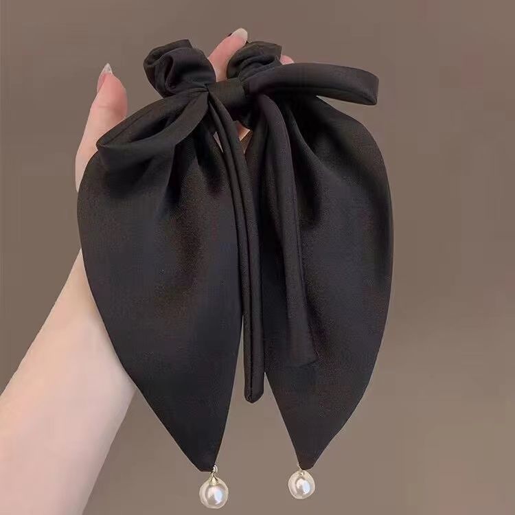 Pendant pearl satin fabric bow, large intestine hair tie, feminine charm, bun hair tie, versatile and stylish ponytail hair tie Specification image