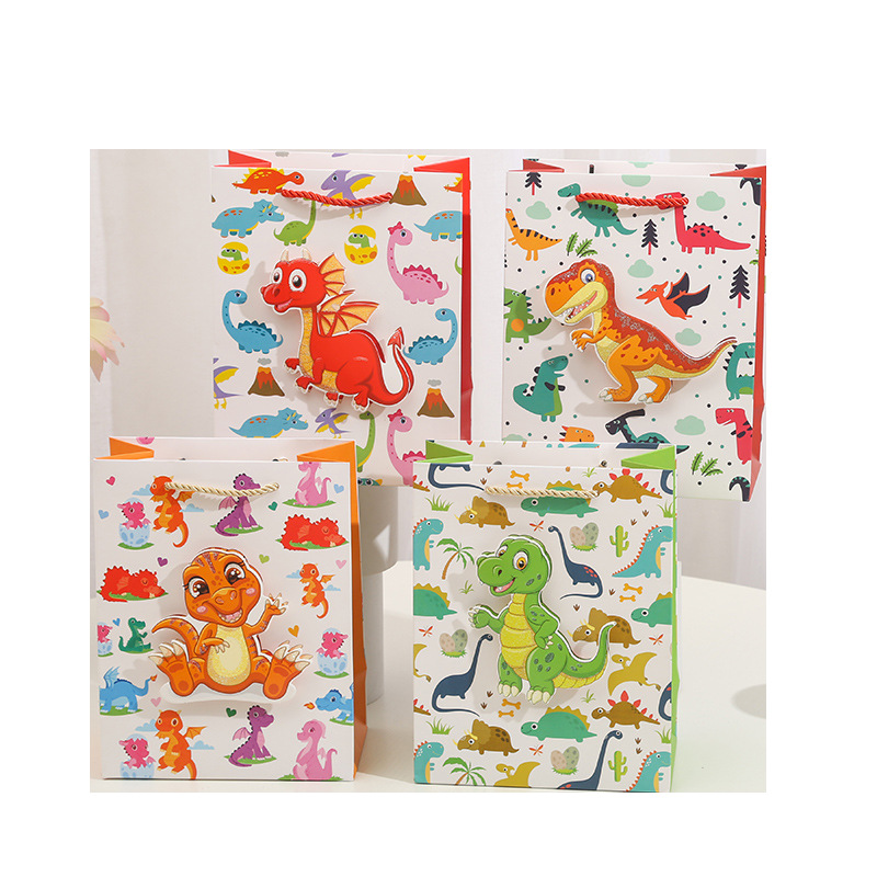 Cartoon cute dinosaur 3D patch powder gift bag, hand-held bag, gold-embossed powder paper bag, birthday return gift and souvenir Application Scenario