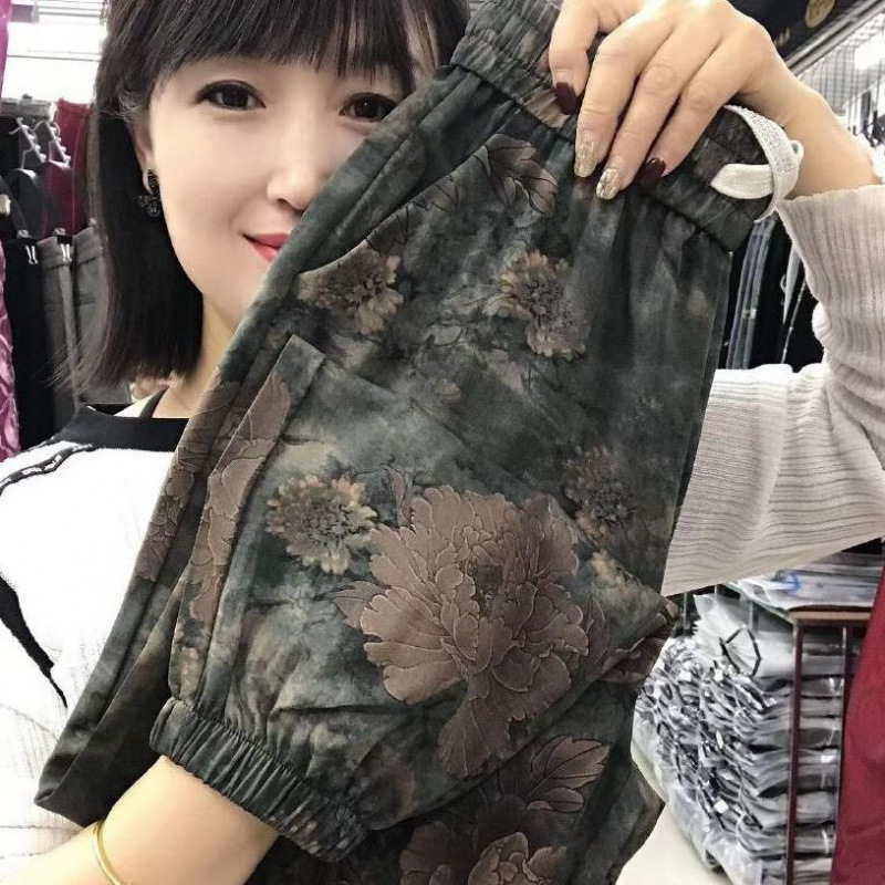 2024夏季新款中国风女裤新中式碎花复古休闲裤松紧印花束脚灯笼裤