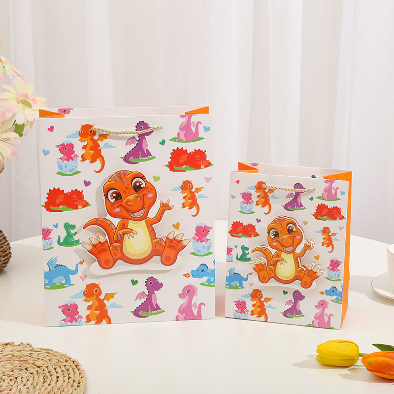Cartoon cute dinosaur 3D patch powder gift bag, hand-held bag, gold-embossed powder paper bag, birthday return gift and souvenir details Picture