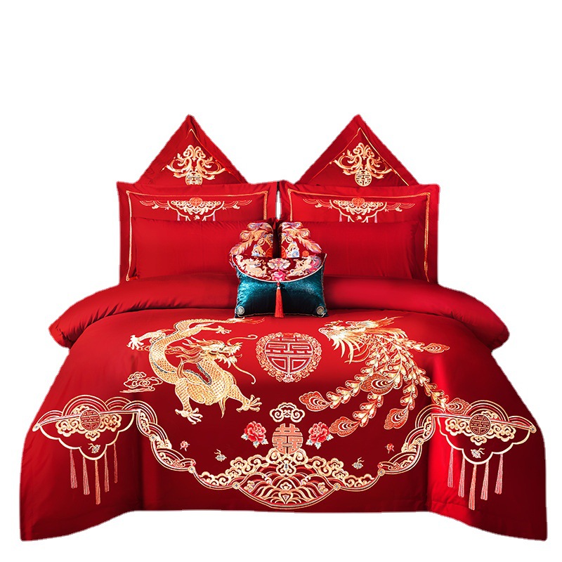 High-end wedding four-piece set of 100 pieces, Chinese red all-cotton embroidered multi-piece set, wedding room bedding consignment Item Picture