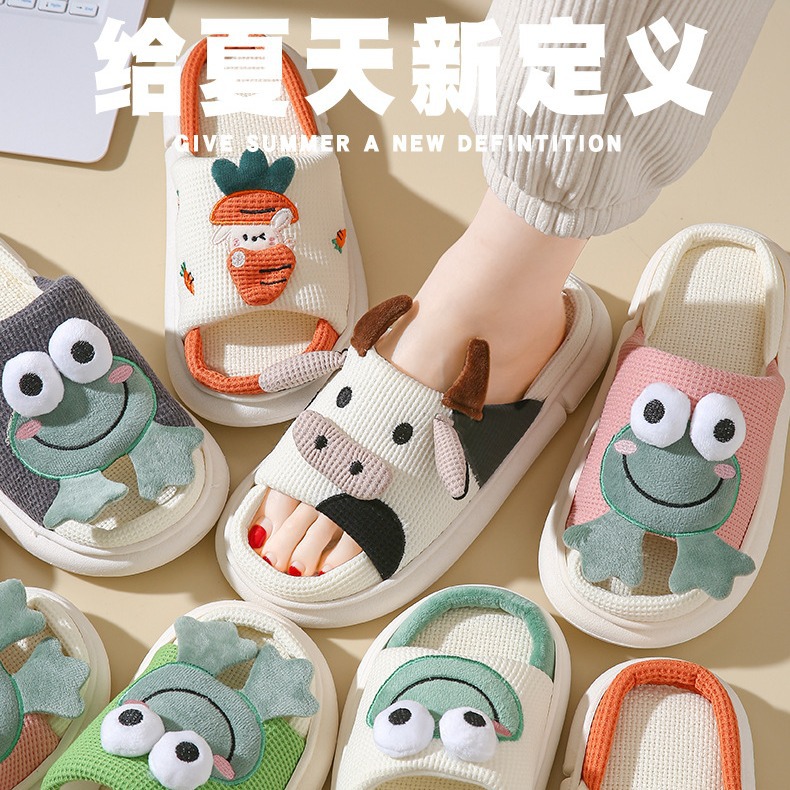 Cow linen slippers four seasons cute frog lovers girl heart home foreign trade cross-border cow custom slippers full figure