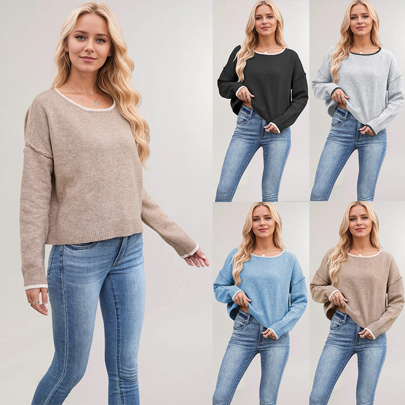 The new European and American women's clothing is a cross-border bestseller for autumn and winter. It features a round-neck color-blocked knitted sweater and a loose and versatile pullover sweater for 2025