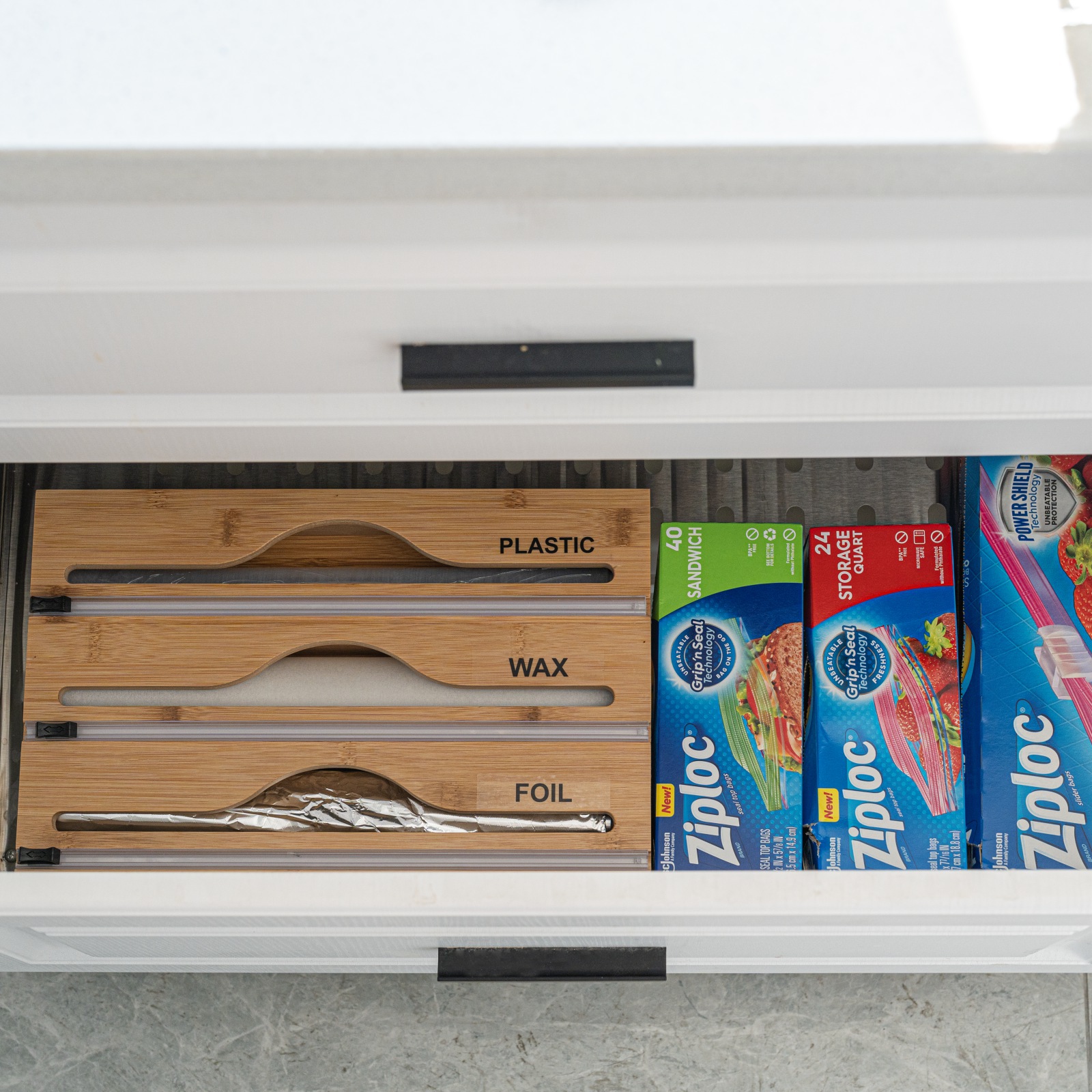 In-stock bamboo and wood cling film cutting box, kitchen wall-mounted kitchenware multi-compartment bidirectional cling film dispenser Specification image