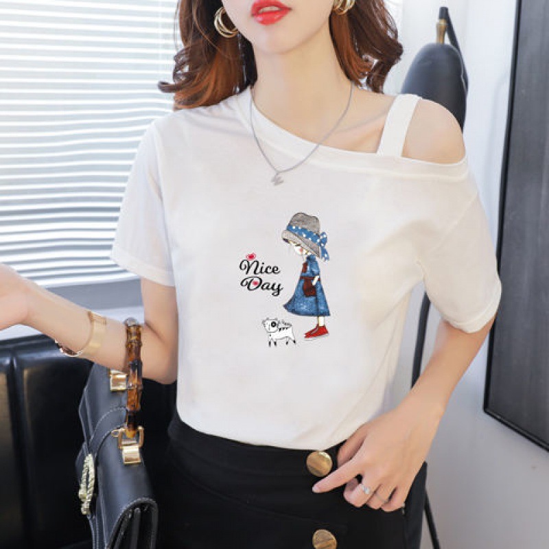 Off hombro mujer camiseta de manga corta de algodón mujer verano 2021 nuevo estilo holgado coreano mujer versátil estampado tendencia
