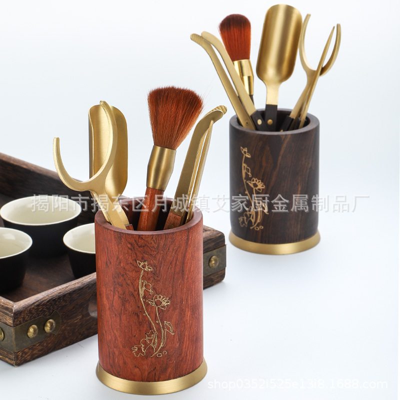 黄铜茶具配件茶桶茶道组 实木茶道六君子茶刷茶刀茶夹针茶勺
