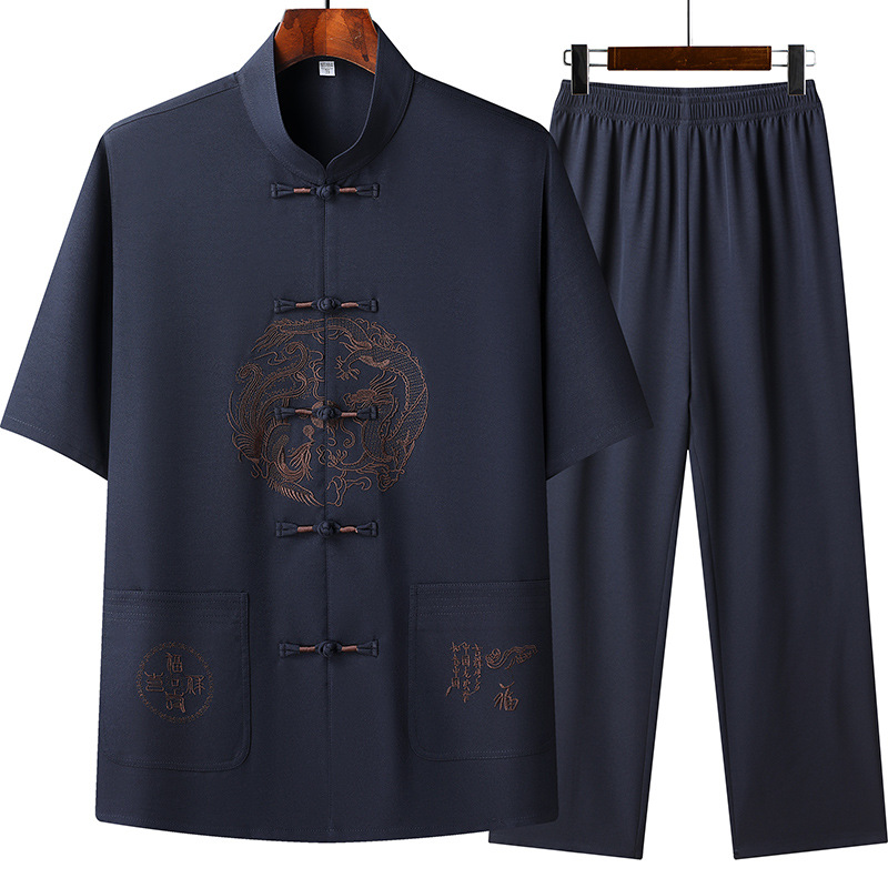 国潮夏季中老年短袖唐装男冰丝夏装套装爸爸中式男装衣服太极服套装