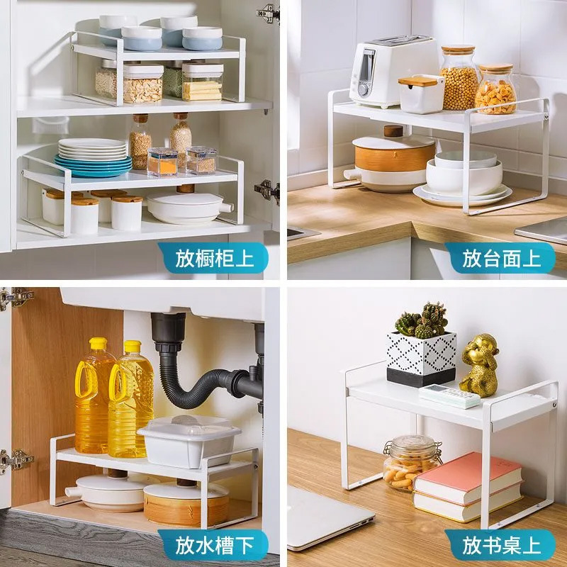Retractable kitchen tiered storage rack, cabinet partition, cabinet tiered rack, seasoning storage, desktop rack, storage rack Application Scenario