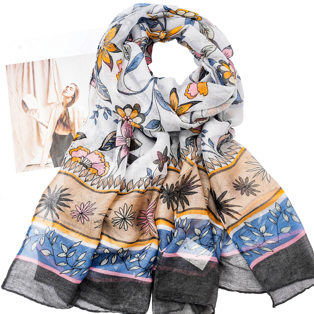 Factory Direct Sales Multi-Color Flower Striped Print Fashion Balinese Yarn Comfortable Casual Scarf Shawl Women details Picture