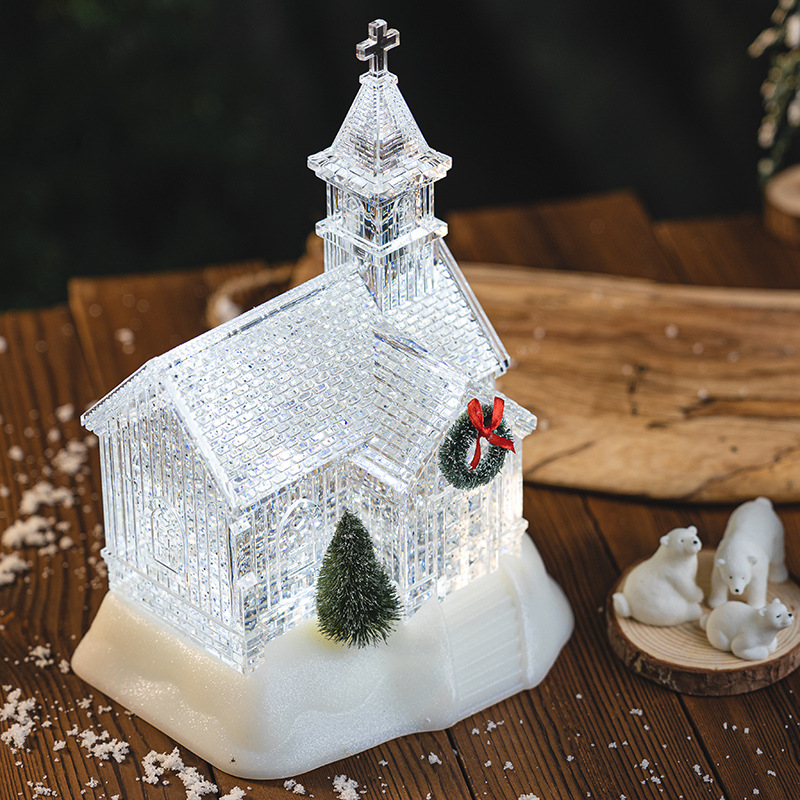 圣诞节装饰品场景布置2022新款教堂店面桌面工艺品摆件飘雪礼物白底实物图