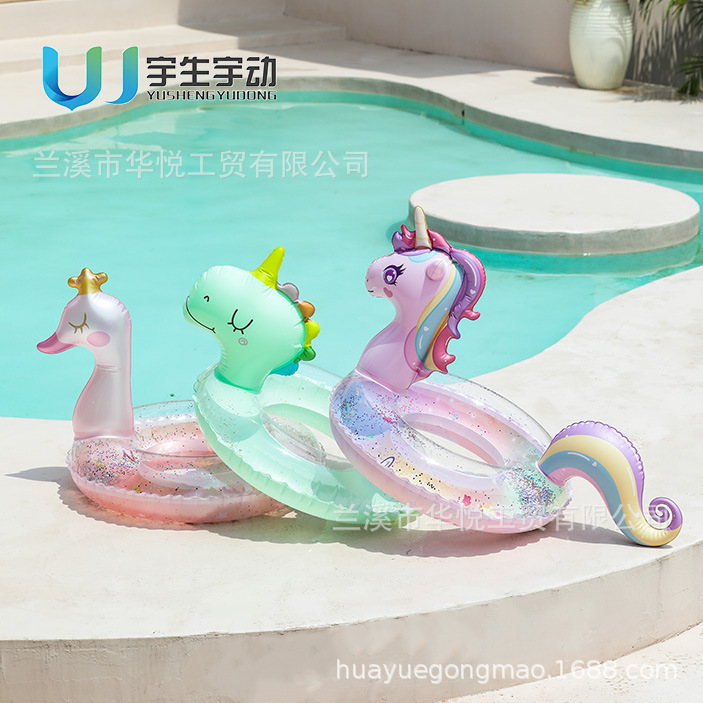 Swan Three-Dimensional Swimming Ring Inflatable Child Seat Ring Transparent Dinosaur Baby Thickened Sequin Unicorn Ride Wholesale details Picture