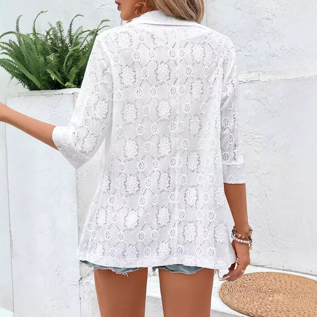 A new elegant solid-color lace 7-inch sleeve lapel casual suit for women in the autumn of 2025 from Europe and America cross-border details Picture