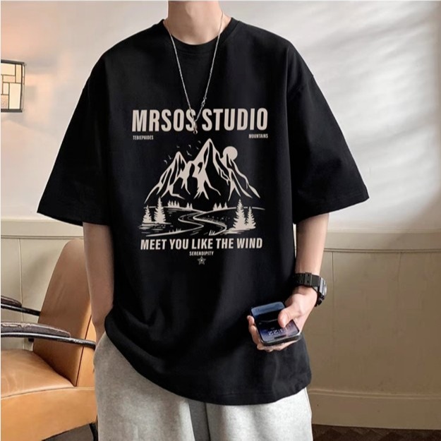 Summer Cotton T-Shirt Men 2024 New Couple American Hip Hop Fashion Brand Print Trend Hong Kong Wind Loose Half Sleeve T Specification drawing