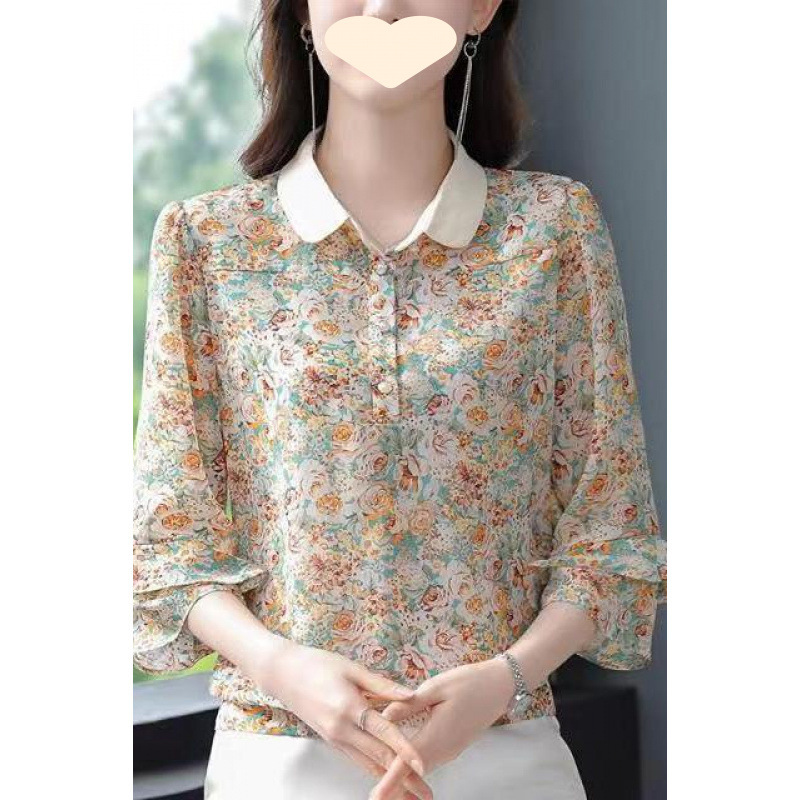 碎花上衣女夏季新款宽松短袖T恤雪纺衬衫七分袖遮肚中年妈妈衬衣