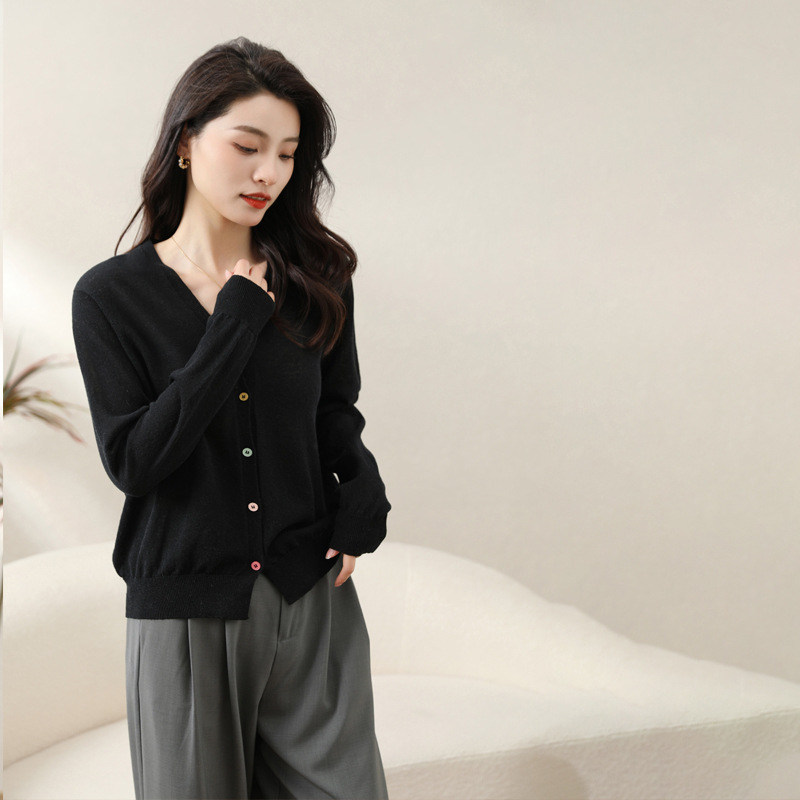 Upw Linen Cotton Knitted Cardigan V-Neck Korean Coat Long-Sleeved Bottom Knitted Sweater Air-Conditioned Sweater For Women details Picture