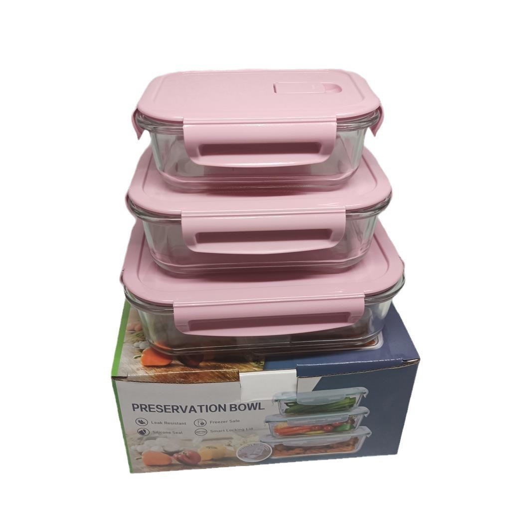 Rectangular Glass Crisper Square Low Borosilicate Lunch Box Round Lunch Box With Stomata 3-Piece Set Rs-201882 details Picture