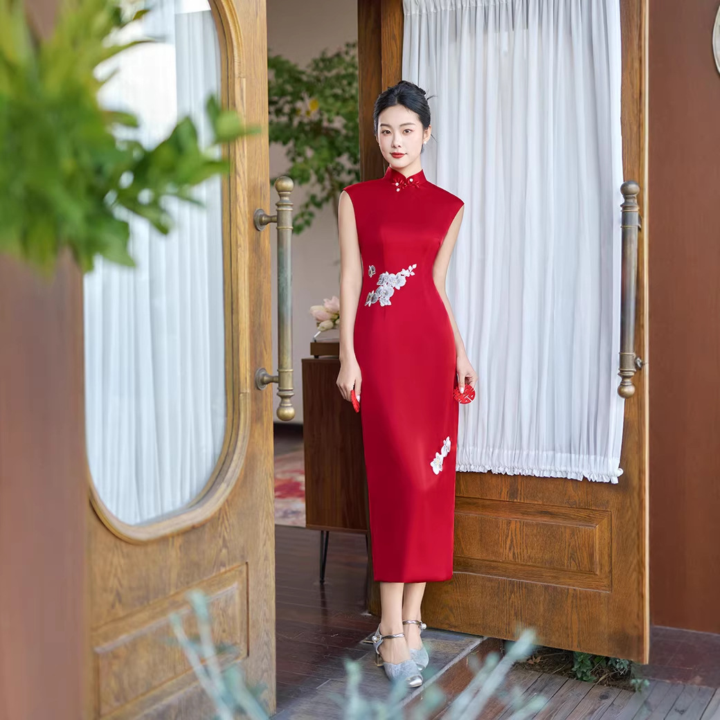 National trendy 2026 vestido de verano nuevo estilo chino sin mangas larga moda mejora retro joven imitación rojo vestido chepao falda details Picture