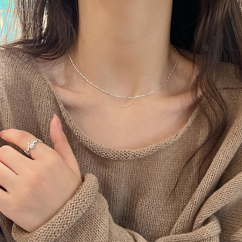 925纯银小方块项链女亮银色简约时尚小众设计百搭个性锁骨链N1044