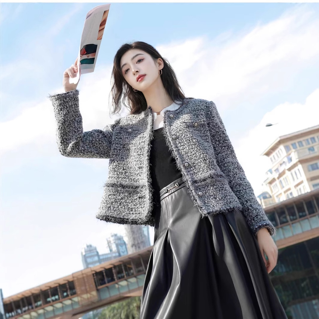 San@Cai 2024 Winter New Women's Wear: A stylish tweed wool coat with a touch of elegance, a French overcoat
