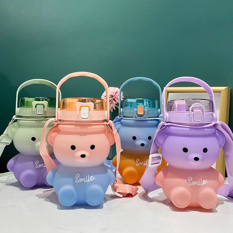 Fashion Bear With Mobile Phone Stand Large Capacity Water Cup Cute Couple Portable Straw Water Cup Gradient Plastic Water Cup details Picture