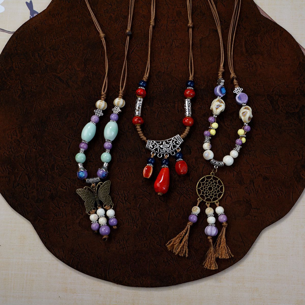New Chinese-style long ceramic beaded necklace, women's ethnic style Zen-inspired woven sweater chain, cross-border versatile collarbone chain trend