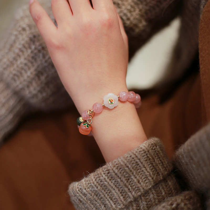 Madagascar rose quartz persimmon pendant bracelet and Tian Tian jade flower persimmon wishing you all the best bracelet for a girl to give to her best friend
