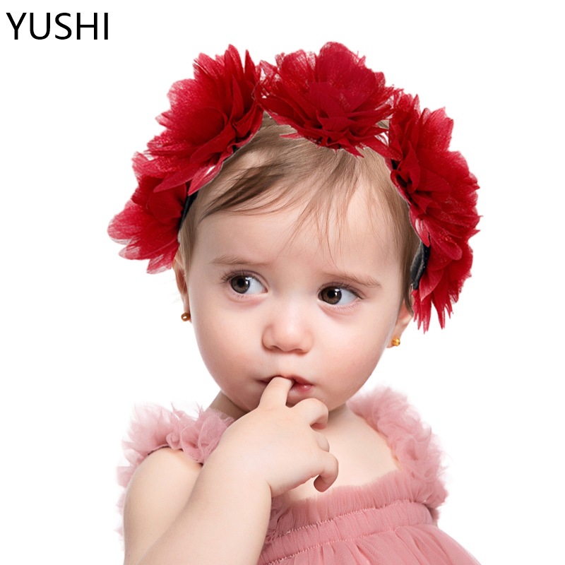 Cross-border new faux rose flower children's hairband, girls' festival outfit performance mesh baby headband hair clip Specification drawing
