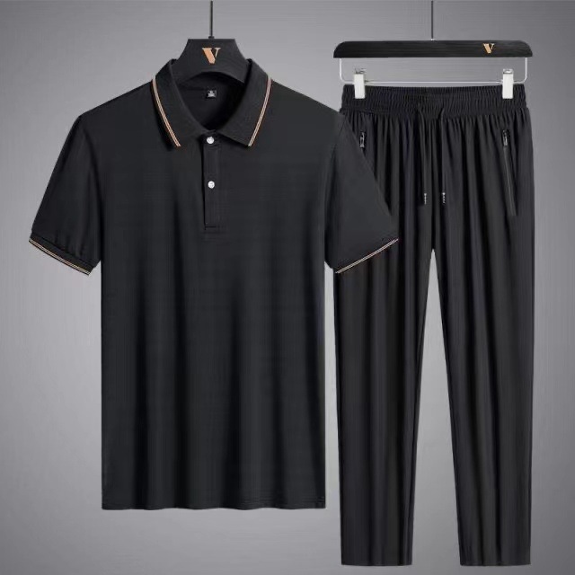 Men's summer solid-color short-sleeved POLO shirt, loose men's casual set, straight-leg sporty casual men's long pants details Picture