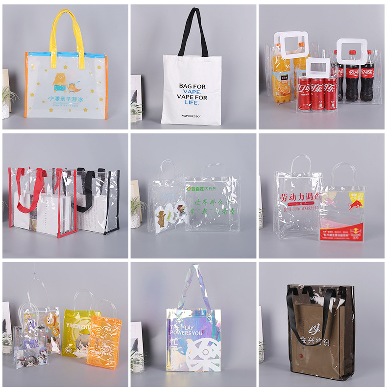 Wholesale and in-stock pvc handbags, transparent plastic gift bags, milk tea takeout packaging hand-held bags. Logos can be printed on them details Picture