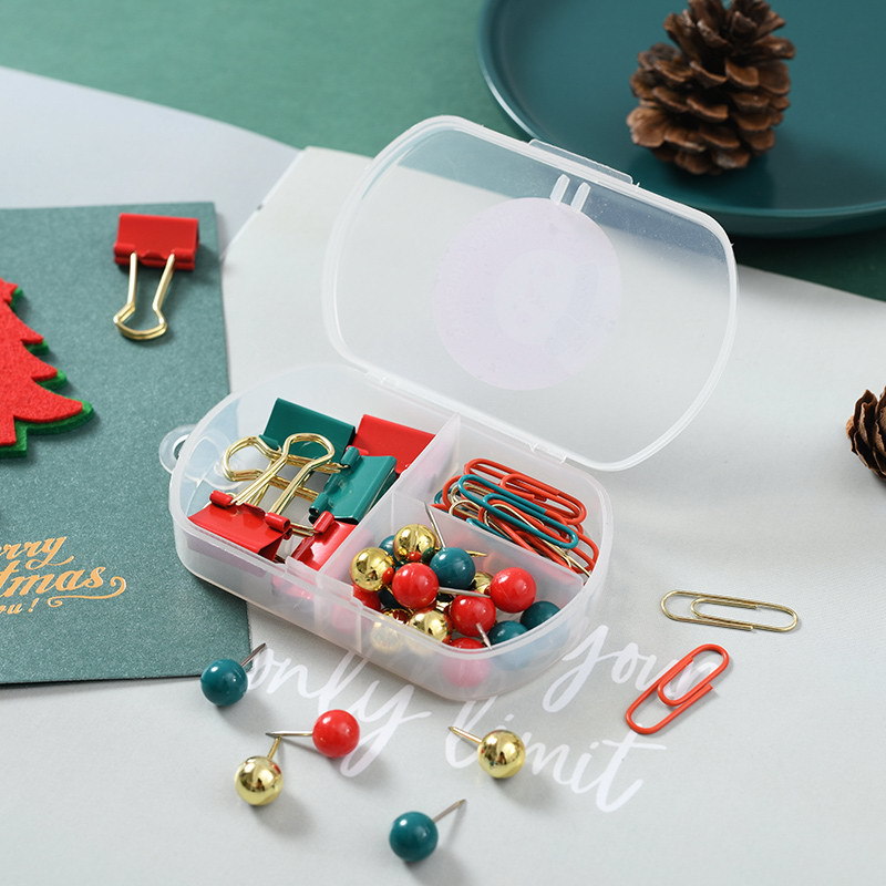文创金色图钉绿色长尾夹红色回形针小三格挂盒圣诞小雪人礼品组合详情图2