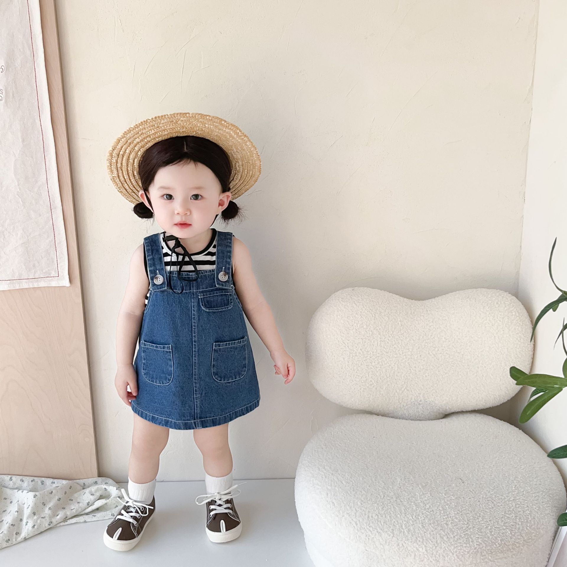 女童套装2024夏装新款韩版婴幼儿童条纹无袖背心牛仔背带裙两件套