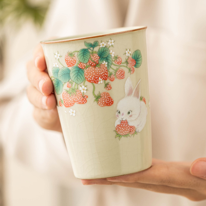 Ru Kiln Strawberry Rabbit Owner Cup, single cup, ladies' personal Special Tea Cup, Portable cup, Large capacity Chinese tea-tasting cup details Picture