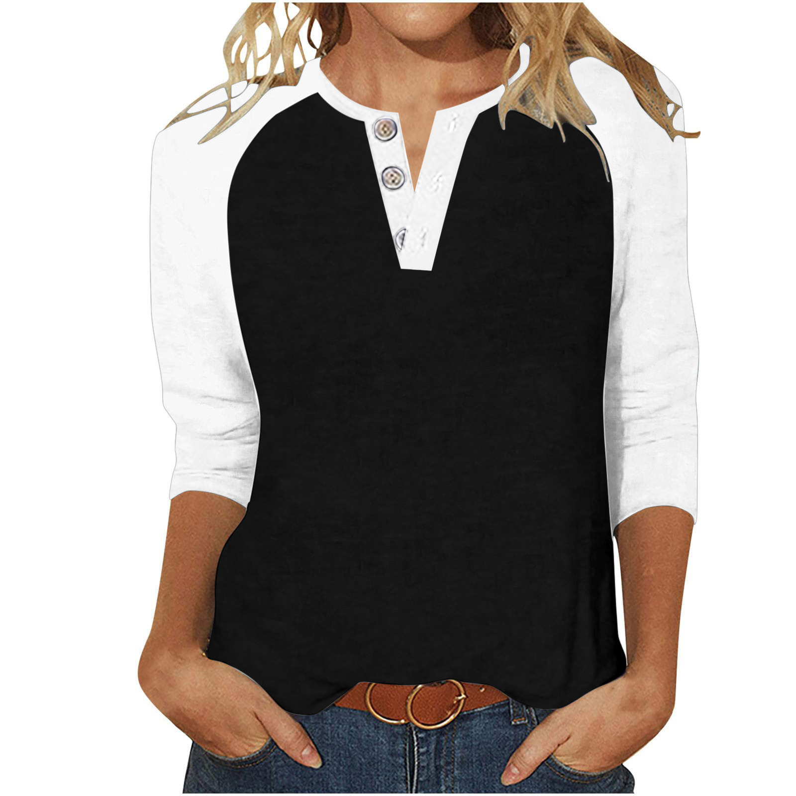 This is a best-selling women's top for cross-border trade from Europe and America on Amazon. It features a new V-neck, shoulder, and three-quarter sleeve T-shirt with contrasting colors from Europe and America Item Picture