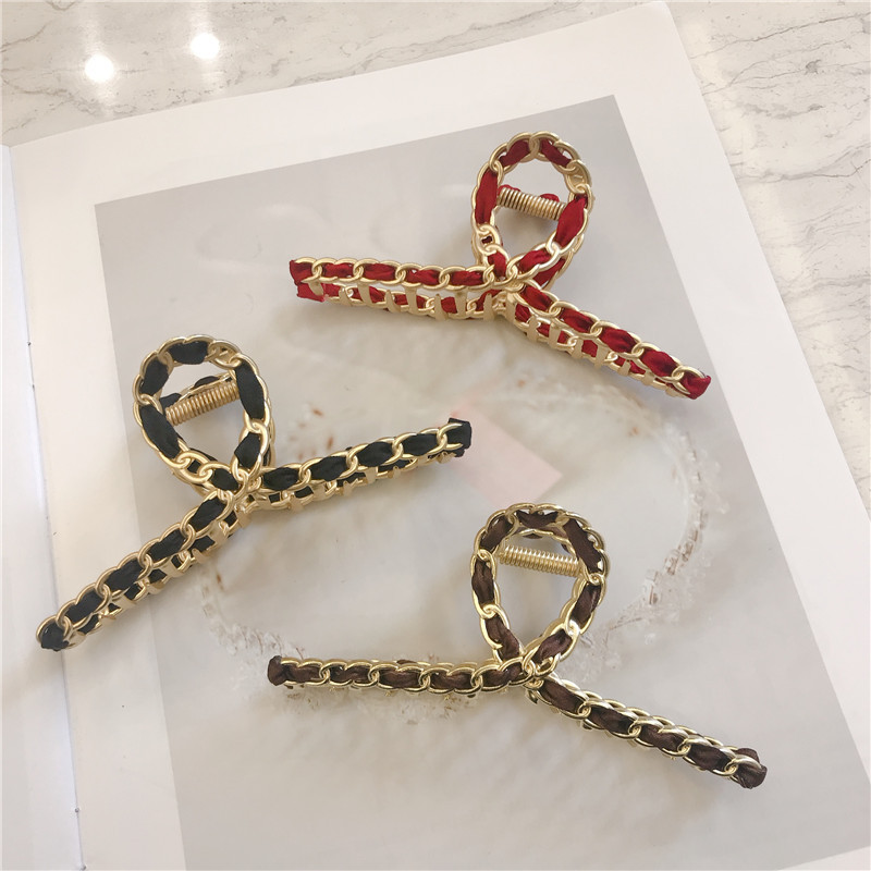 Temperament Metal Chain Grab Clip Wrapped Ribbon Hair Grab Korean Instagram Wind Shark Clip Hair Clip Clip Female details Picture